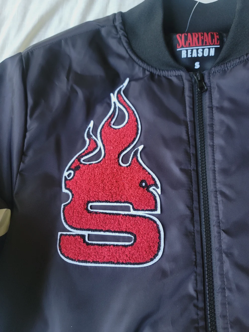 Reason SCARFACE  Black Red Nostalgic Bomber Racer Stripe Bomber Jacket Nwt S